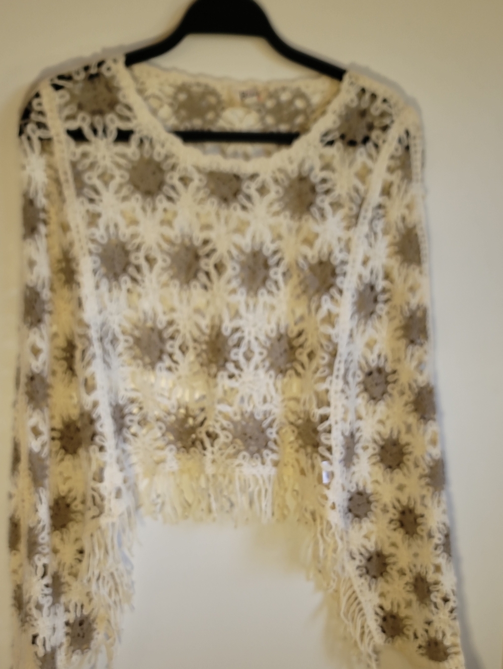 BiBi Cream Crochet Fringe Shrug Sweater with Taupe Floral Accents